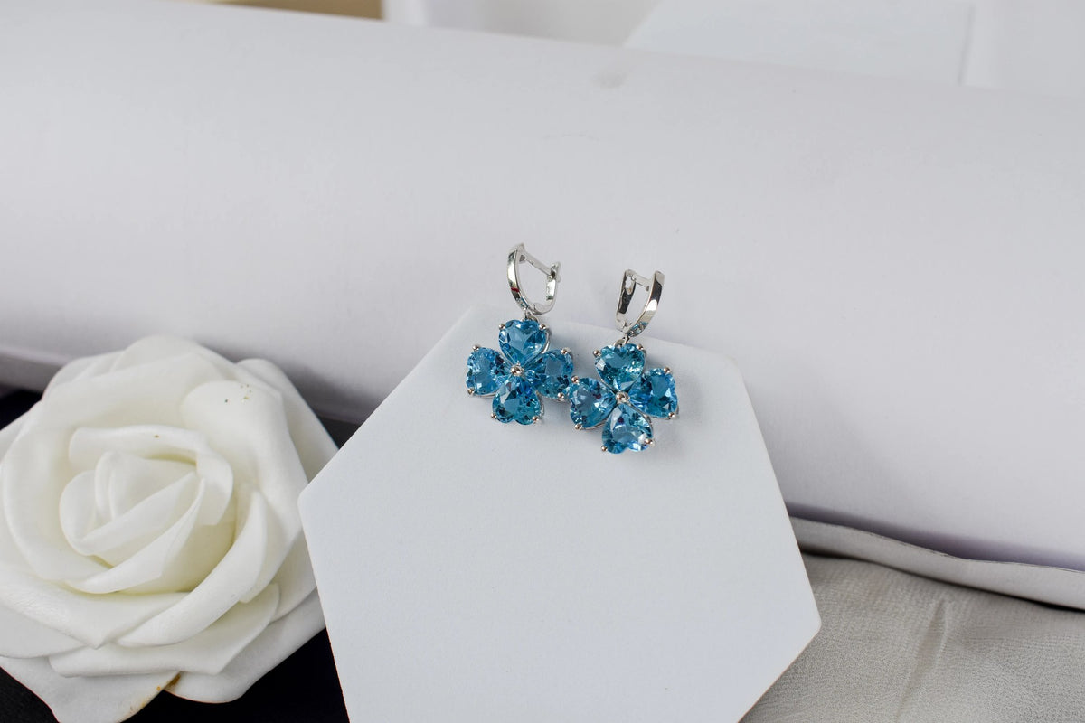 Swiss Blue Topaz Clover Drop Earrings in 925 Silver – Handmade Statement Jewelry
