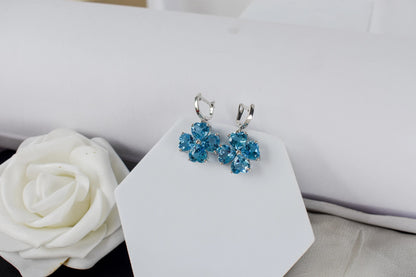 Swiss Blue Topaz Clover Drop Earrings in 925 Silver – Handmade Statement Jewelry