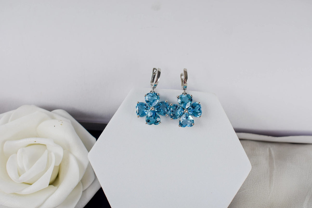 Swiss Blue Topaz Clover Drop Earrings in 925 Silver – Handmade Statement Jewelry