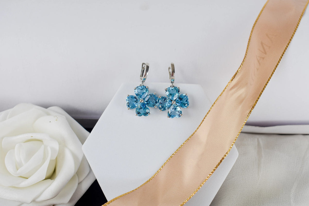 Swiss Blue Topaz Clover Drop Earrings in 925 Silver – Handmade Statement Jewelry