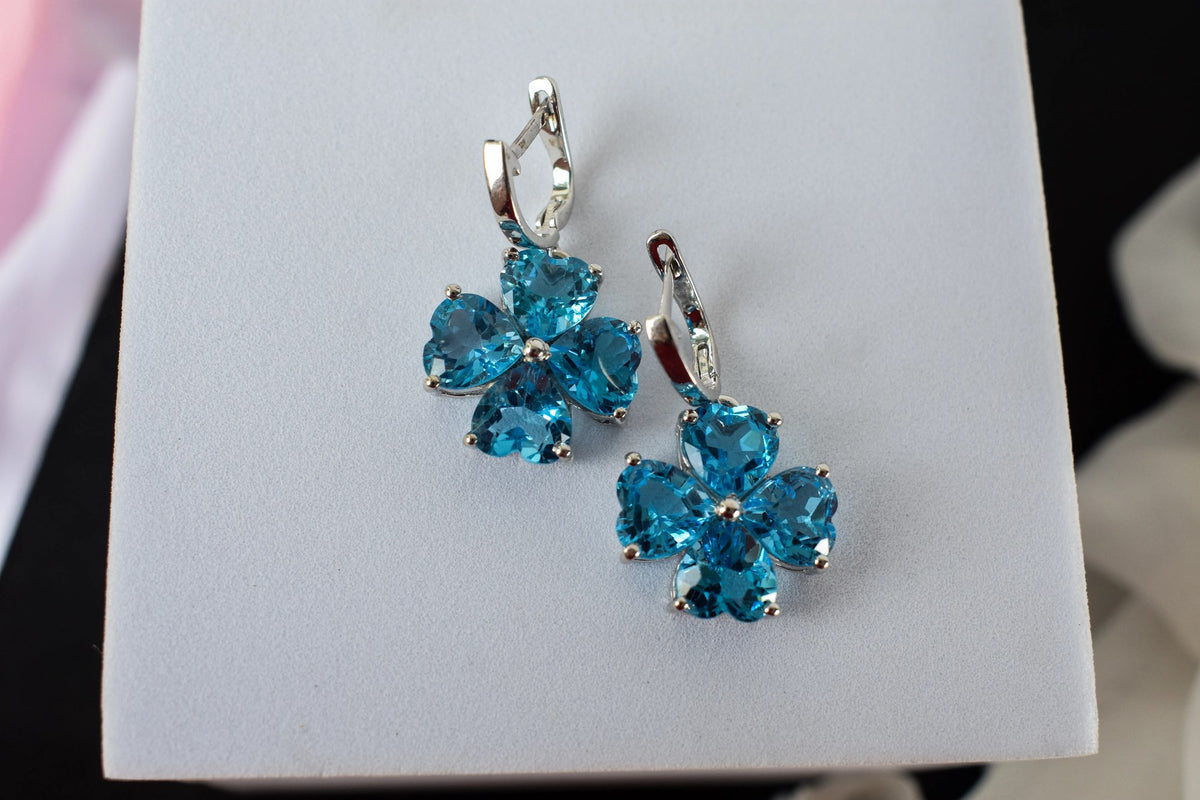 Swiss Blue Topaz Clover Drop Earrings in 925 Silver – Handmade Statement Jewelry