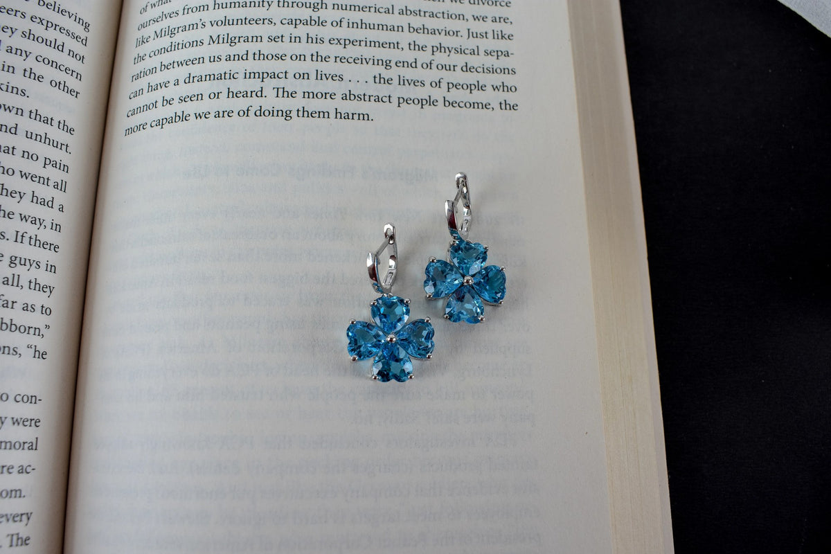 Swiss Blue Topaz Clover Drop Earrings in 925 Silver – Handmade Statement Jewelry