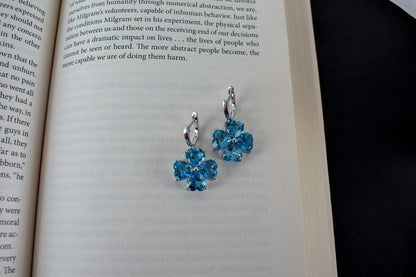 Swiss Blue Topaz Clover Drop Earrings in 925 Silver – Handmade Statement Jewelry
