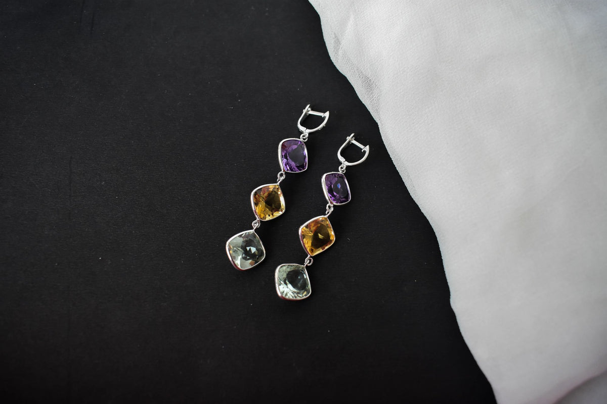 Amethyst Citrine Green Amethyst Cascade Earrings in 925 Silver – Multi Gemstone Jewelry