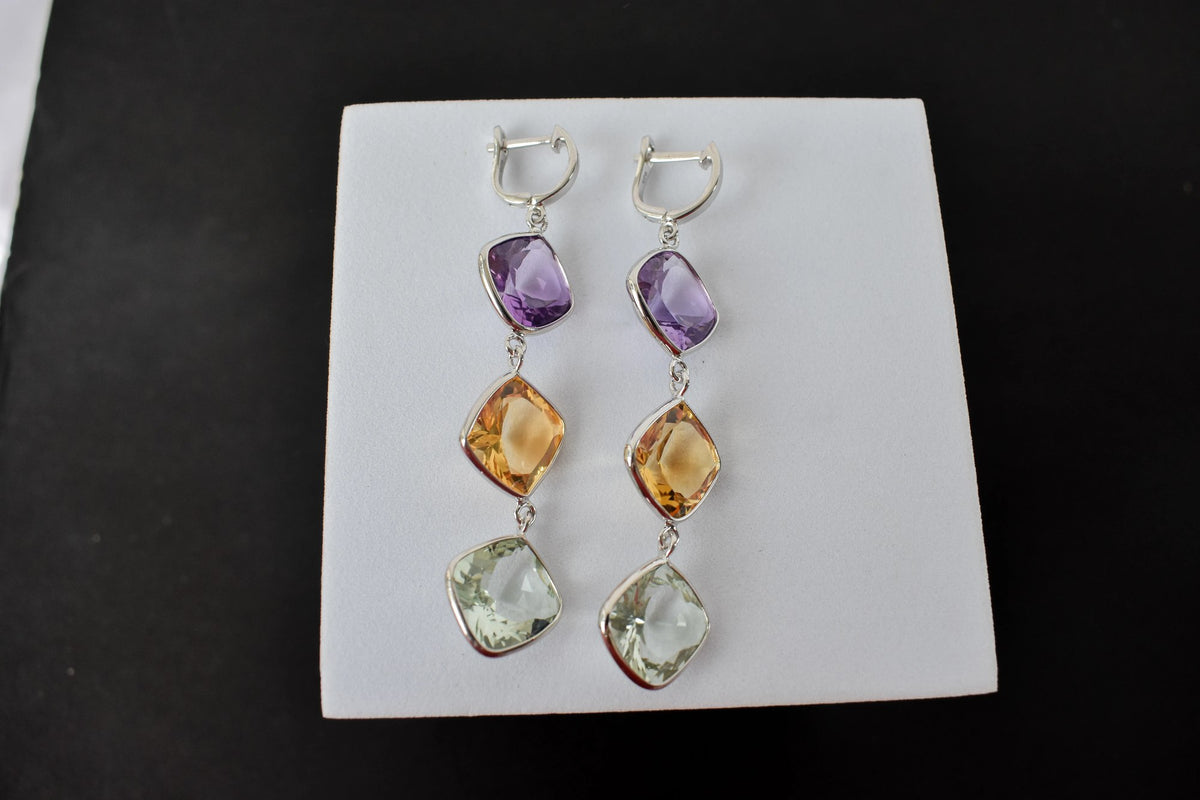 Amethyst Citrine Green Amethyst Cascade Earrings in 925 Silver – Multi Gemstone Jewelry