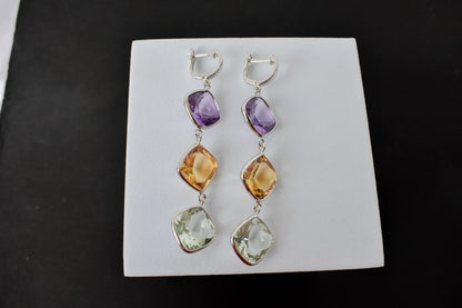 Amethyst Citrine Green Amethyst Cascade Earrings in 925 Silver – Multi Gemstone Jewelry