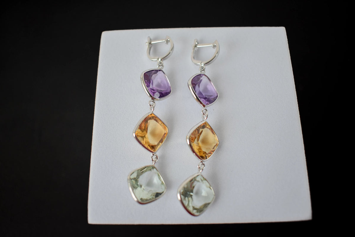 Amethyst Citrine Green Amethyst Cascade Earrings in 925 Silver – Multi Gemstone Jewelry