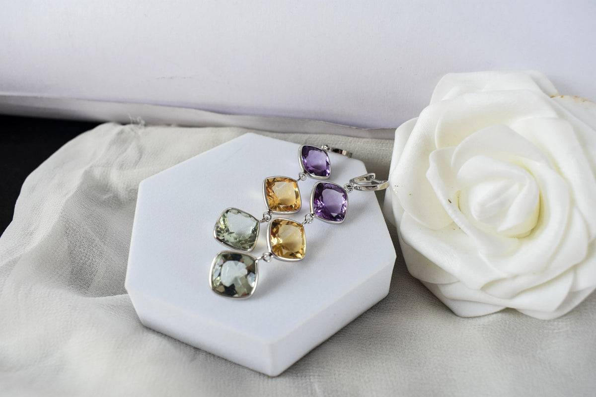 Amethyst Citrine Green Amethyst Cascade Earrings in 925 Silver – Multi Gemstone Jewelry