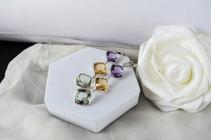 Amethyst Citrine Green Amethyst Cascade Earrings in 925 Silver – Multi Gemstone Jewelry