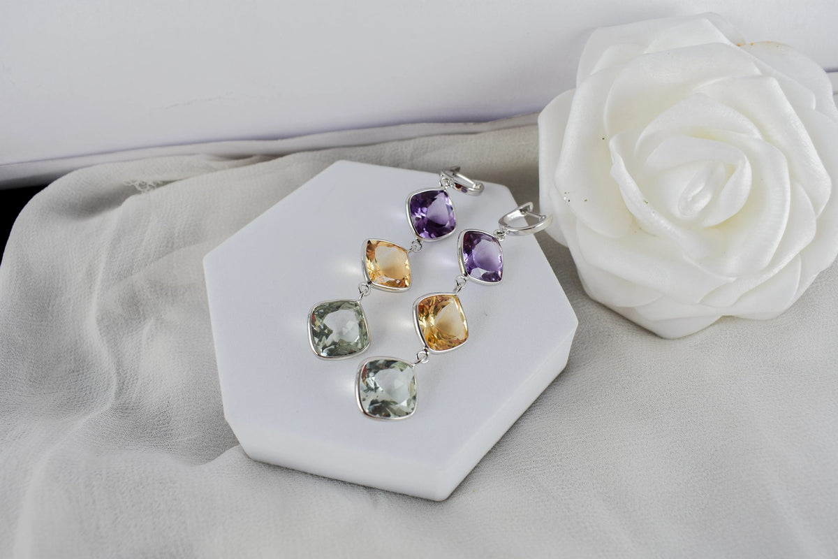 Amethyst Citrine Green Amethyst Cascade Earrings in 925 Silver – Multi Gemstone Jewelry