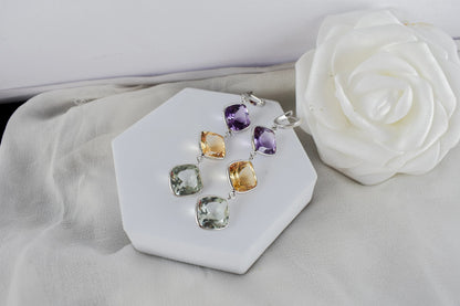 Amethyst Citrine Green Amethyst Cascade Earrings in 925 Silver – Multi Gemstone Jewelry