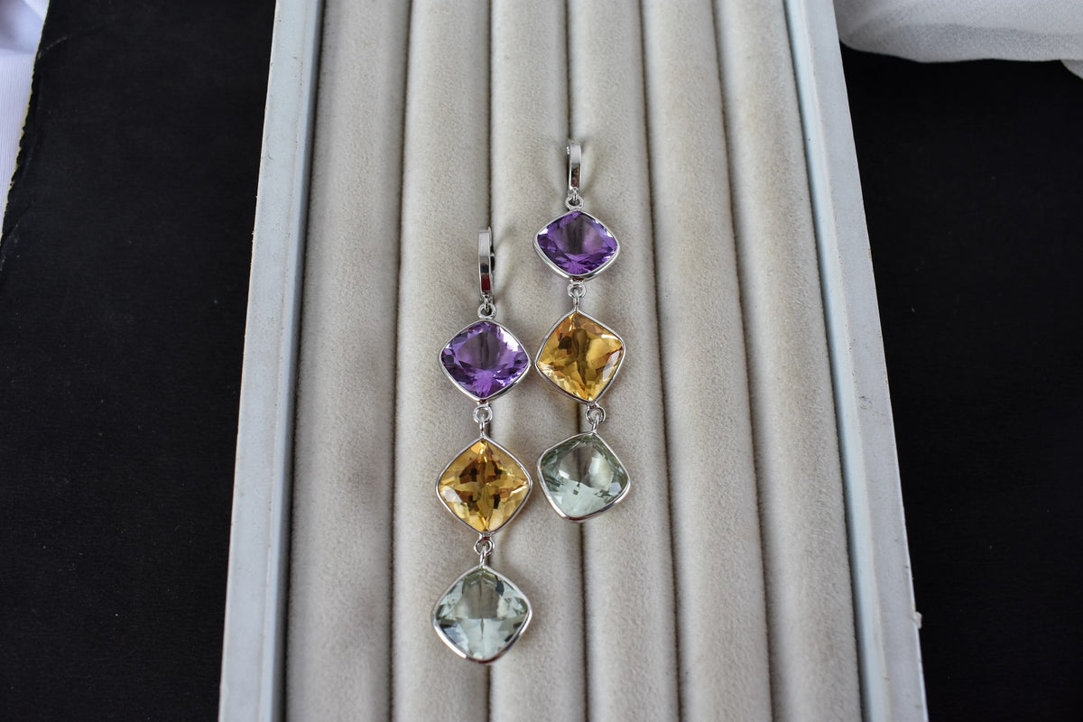 Amethyst Citrine Green Amethyst Cascade Earrings in 925 Silver – Multi Gemstone Jewelry