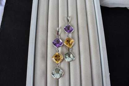 Amethyst Citrine Green Amethyst Cascade Earrings in 925 Silver – Multi Gemstone Jewelry