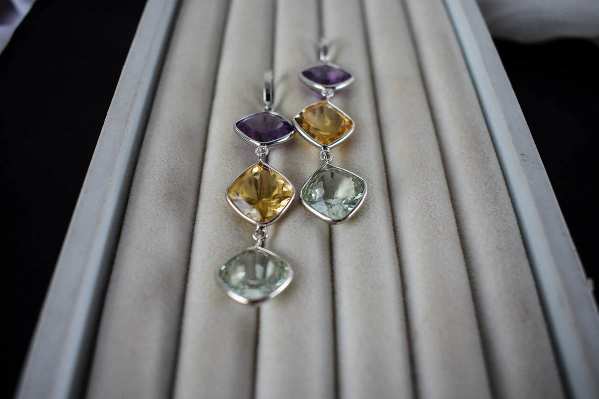 Amethyst Citrine Green Amethyst Cascade Earrings in 925 Silver – Multi Gemstone Jewelry