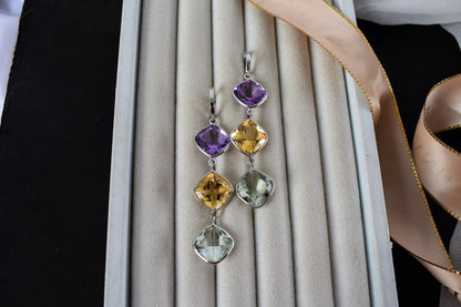 Amethyst Citrine Green Amethyst Cascade Earrings in 925 Silver – Multi Gemstone Jewelry