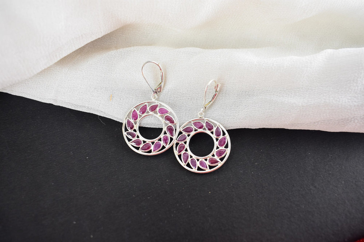 Ruby Wreath Drop Earrings in 925 Silver – Handmade Open Circle Statement Jewelry