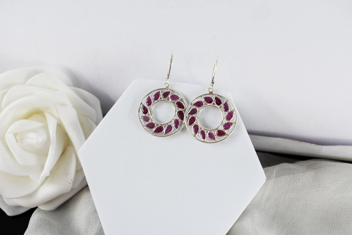 Ruby Wreath Drop Earrings in 925 Silver – Handmade Open Circle Statement Jewelry
