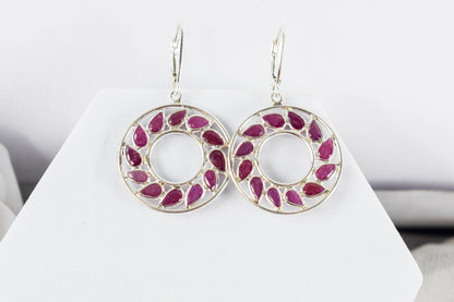 Ruby Wreath Drop Earrings in 925 Silver – Handmade Open Circle Statement Jewelry