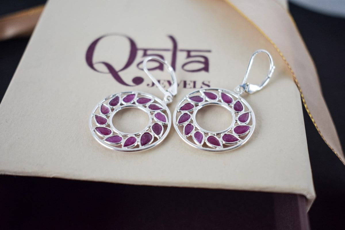 Ruby Wreath Drop Earrings in 925 Silver – Handmade Open Circle Statement Jewelry