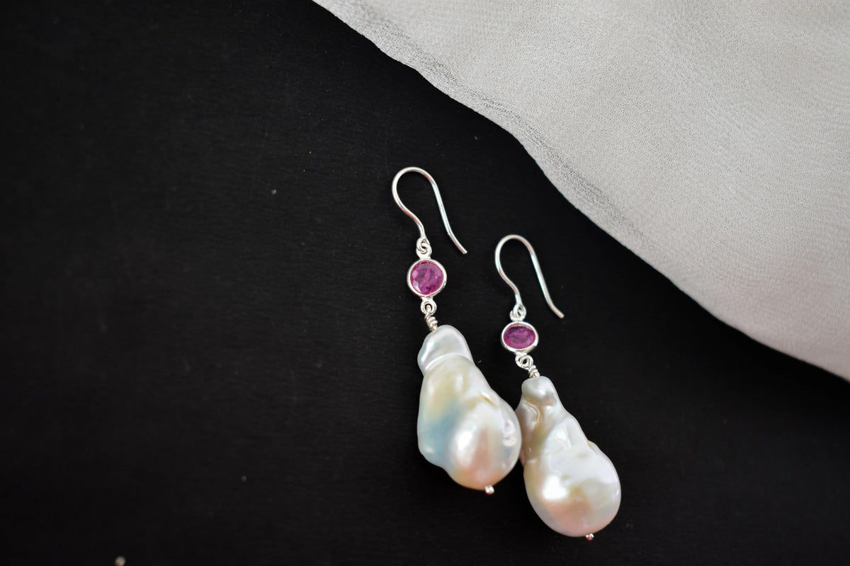 Baroque Pearl Ruby Drop Earrings in 925 Silver – Handmade Everyday Fine Jewelry