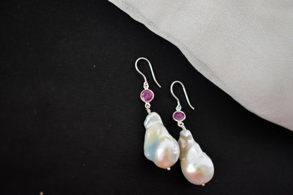 Baroque Pearl Ruby Drop Earrings in 925 Silver – Handmade Everyday Fine Jewelry