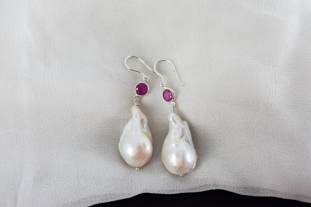 Baroque Pearl Ruby Drop Earrings in 925 Silver – Handmade Everyday Fine Jewelry