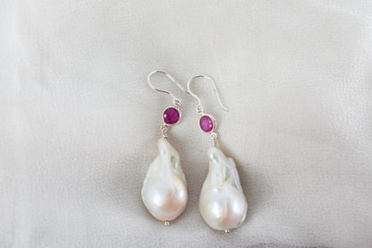 Baroque Pearl Ruby Drop Earrings in 925 Silver – Handmade Everyday Fine Jewelry