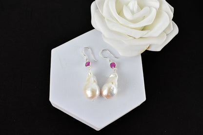 Baroque Pearl Ruby Drop Earrings in 925 Silver – Handmade Everyday Fine Jewelry