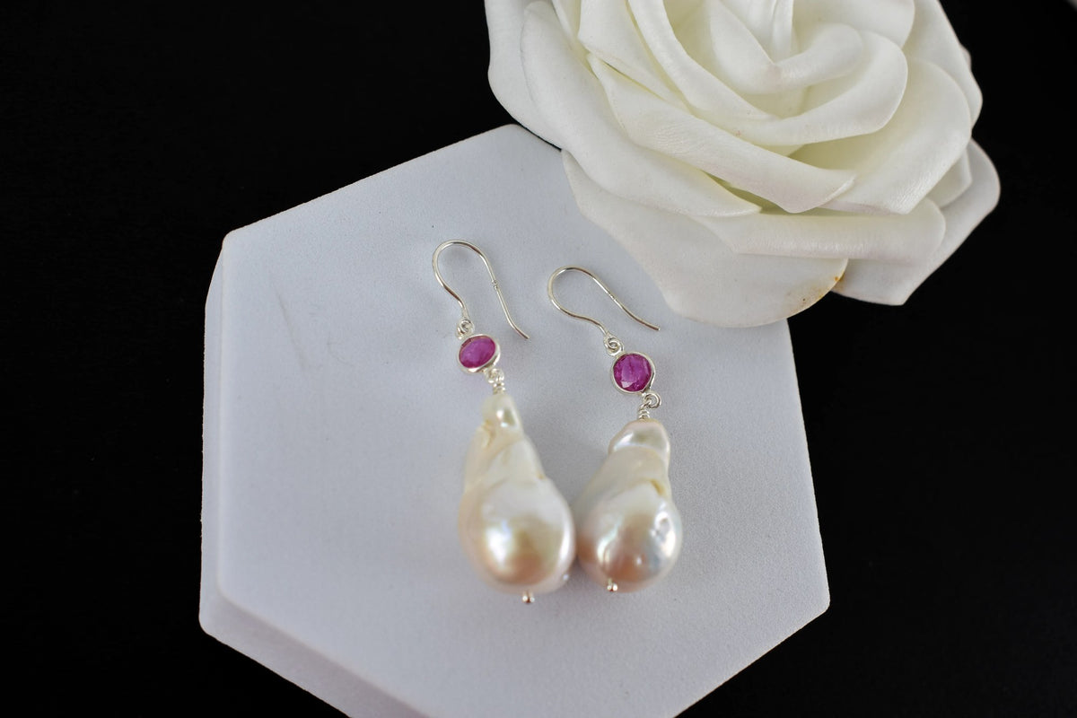 Baroque Pearl Ruby Drop Earrings in 925 Silver – Handmade Everyday Fine Jewelry