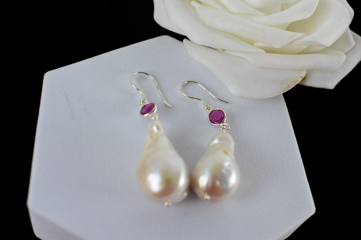 Baroque Pearl Ruby Drop Earrings in 925 Silver – Handmade Everyday Fine Jewelry