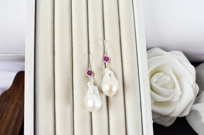 Baroque Pearl Ruby Drop Earrings in 925 Silver – Handmade Everyday Fine Jewelry