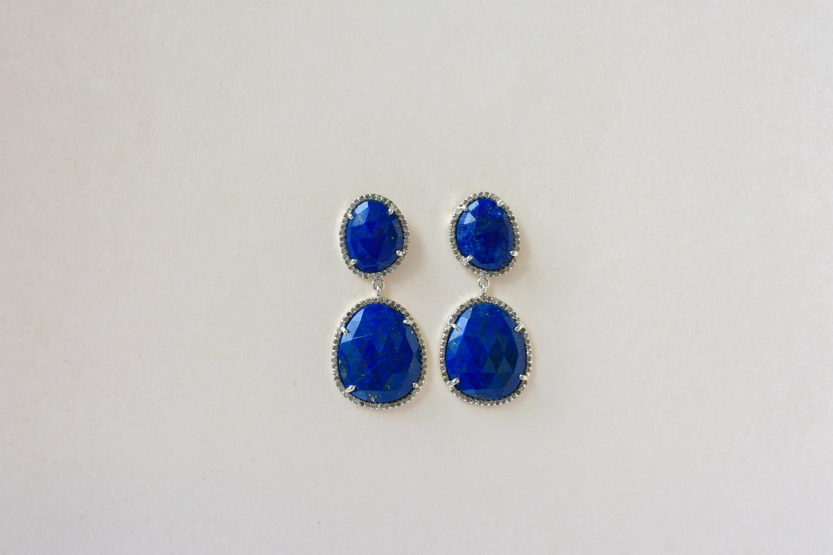 Lapis Lazuli Diamond Halo Drop Earrings in 925 Silver – Designer Statement Jewelry