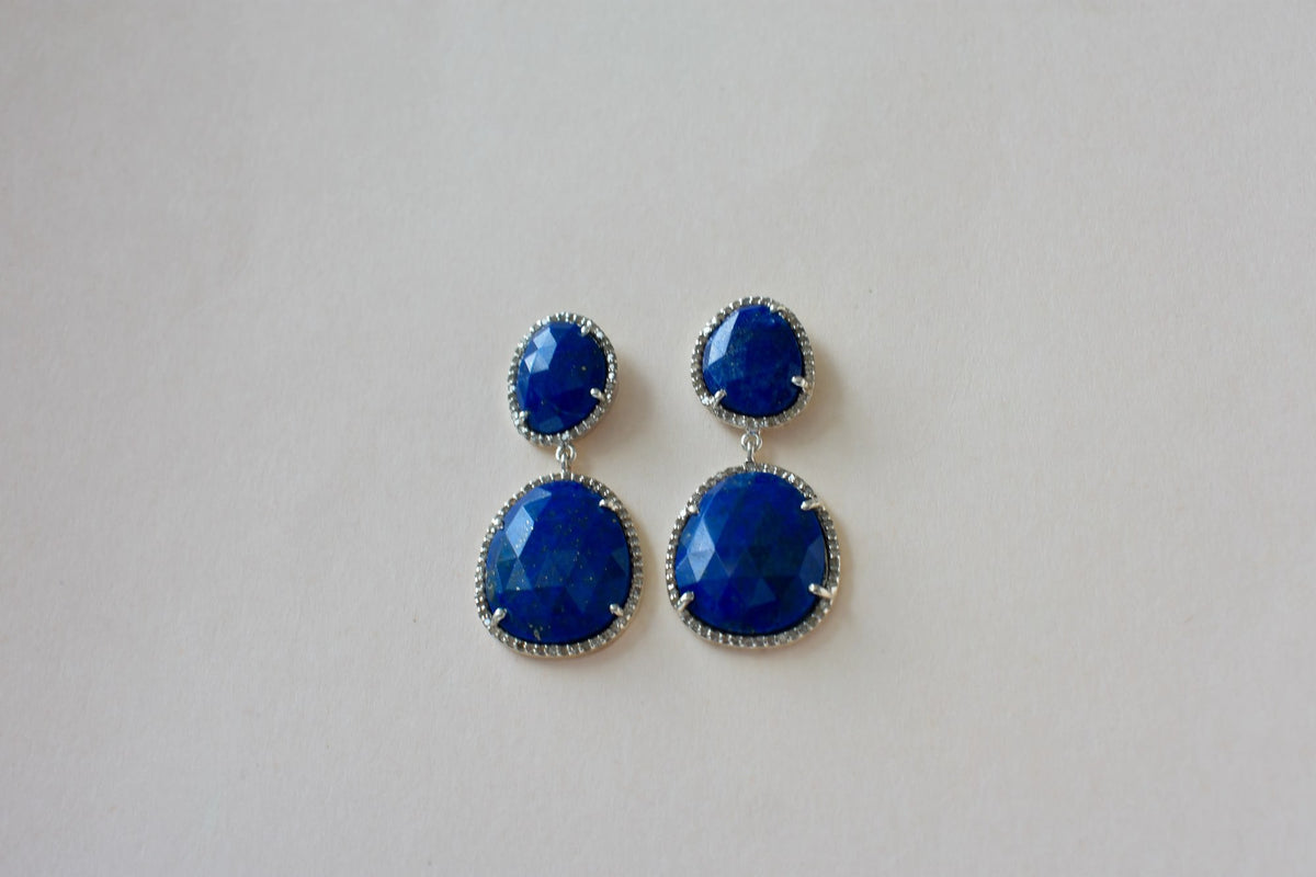 Lapis Lazuli Diamond Halo Drop Earrings in 925 Silver – Designer Statement Jewelry
