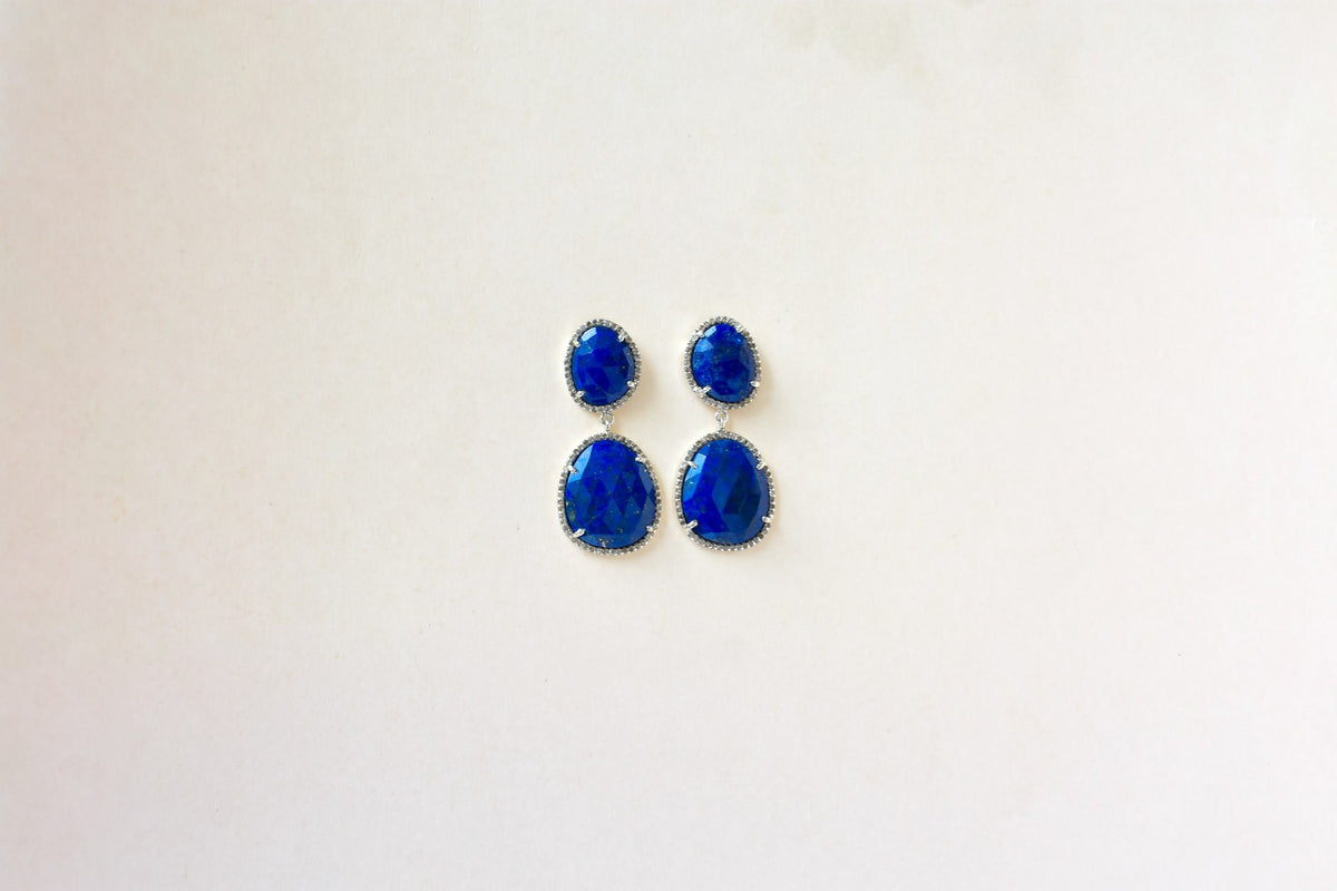 Lapis Lazuli Diamond Halo Drop Earrings in 925 Silver – Designer Statement Jewelry