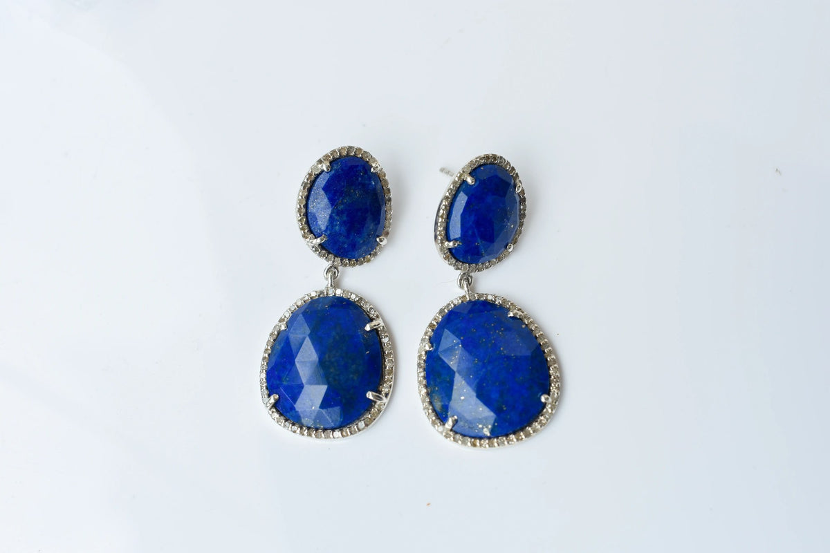 Lapis Lazuli Diamond Halo Drop Earrings in 925 Silver – Designer Statement Jewelry