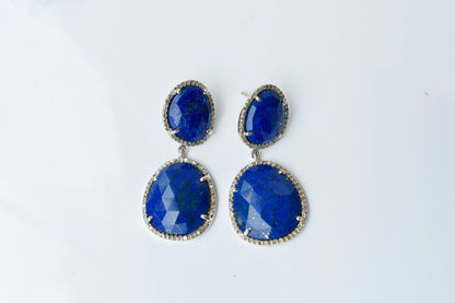 Lapis Lazuli Diamond Halo Drop Earrings in 925 Silver – Designer Statement Jewelry