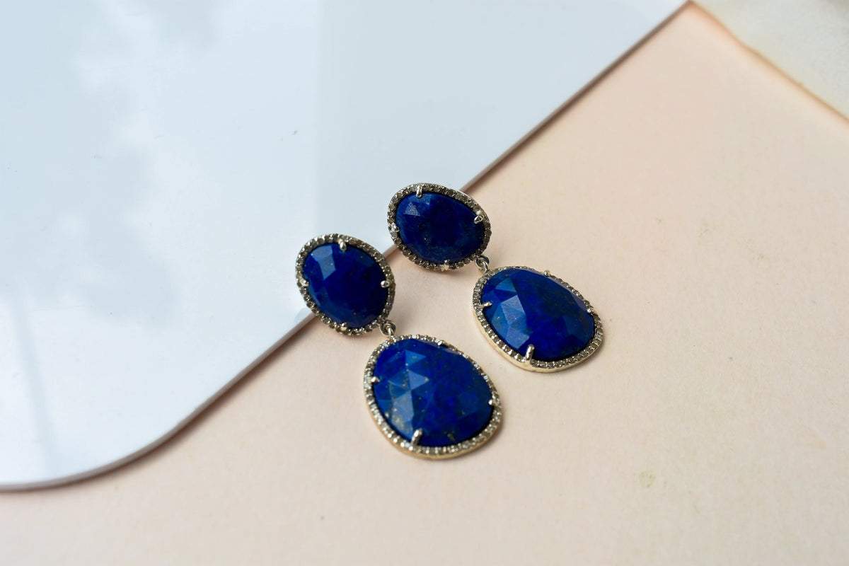 Lapis Lazuli Diamond Halo Drop Earrings in 925 Silver – Designer Statement Jewelry