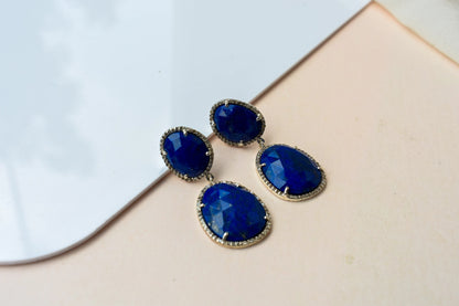 Lapis Lazuli Diamond Halo Drop Earrings in 925 Silver – Designer Statement Jewelry