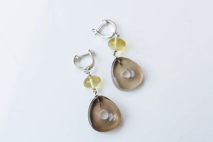 Smoky Quartz Lemon Quartz Drop Earrings in 925 Silver – Handmade Everyday Jewelry