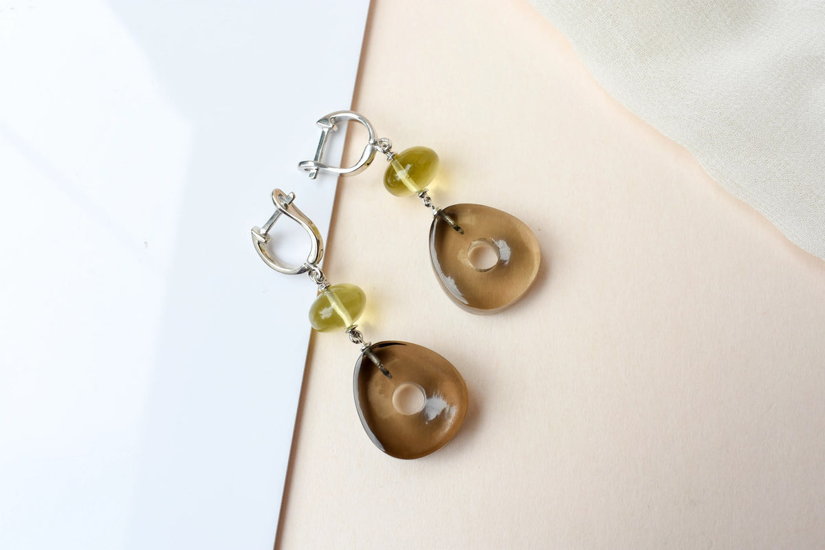 Smoky Quartz Lemon Quartz Drop Earrings in 925 Silver – Handmade Everyday Jewelry
