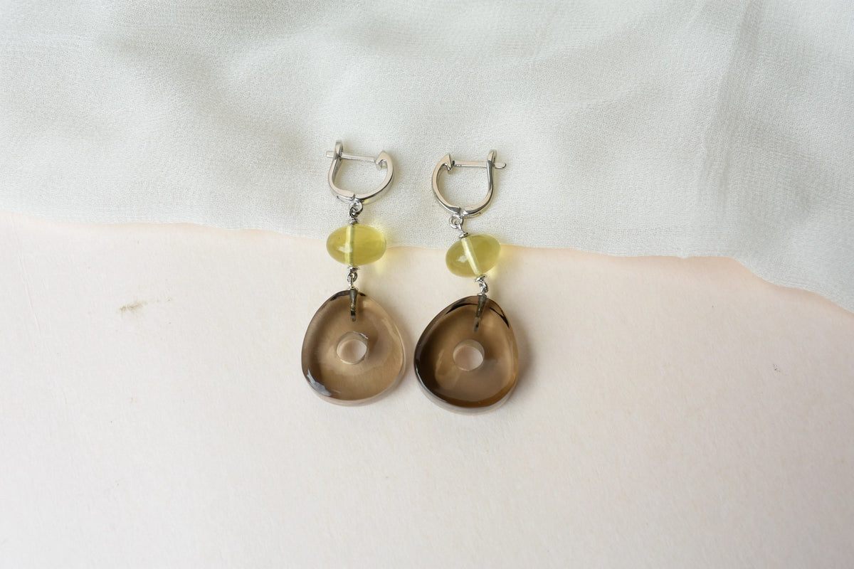 Smoky Quartz Lemon Quartz Drop Earrings in 925 Silver – Handmade Everyday Jewelry