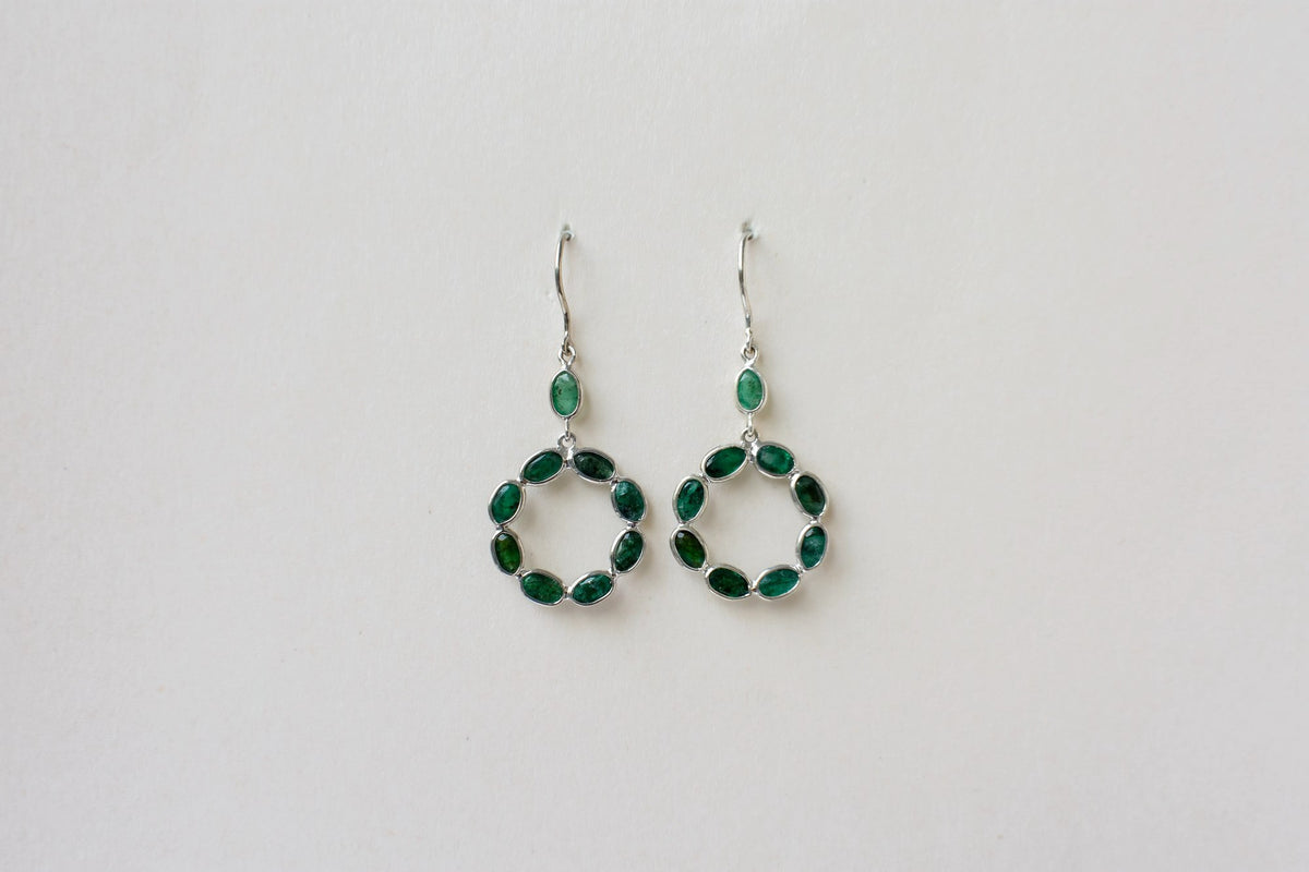 Emerald Wreath Drop Earrings in 925 Silver – Designer Open Circle Gemstone Jewelry