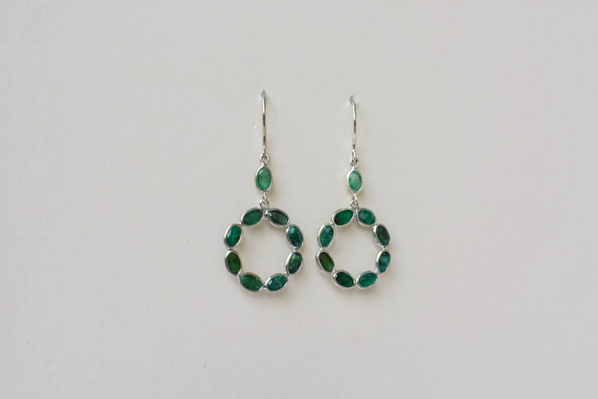 Emerald Wreath Drop Earrings in 925 Silver – Designer Open Circle Gemstone Jewelry