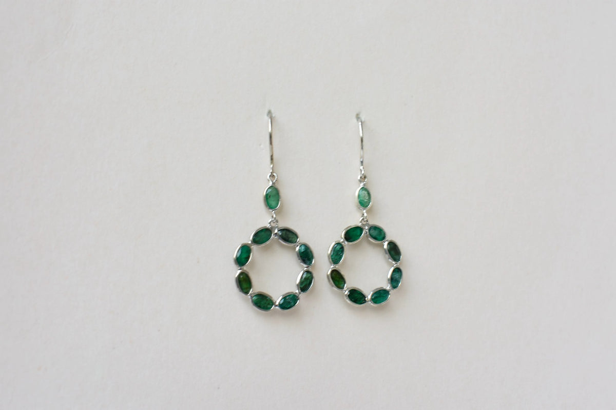 Emerald Wreath Drop Earrings in 925 Silver – Designer Open Circle Gemstone Jewelry