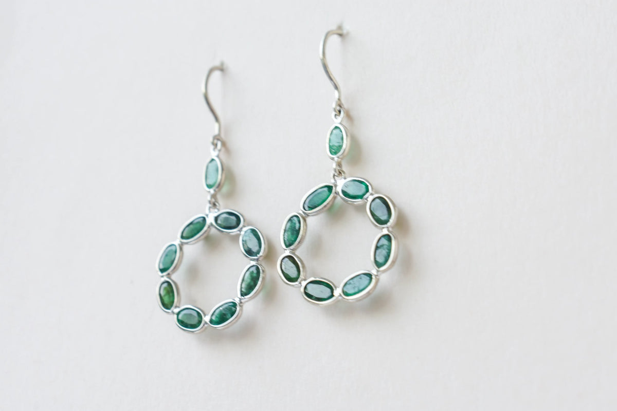 Emerald Wreath Drop Earrings in 925 Silver – Designer Open Circle Gemstone Jewelry