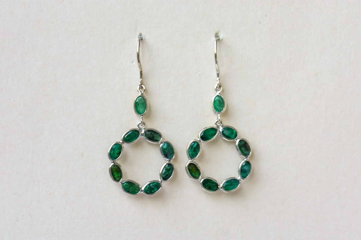 Emerald Wreath Drop Earrings in 925 Silver – Designer Open Circle Gemstone Jewelry