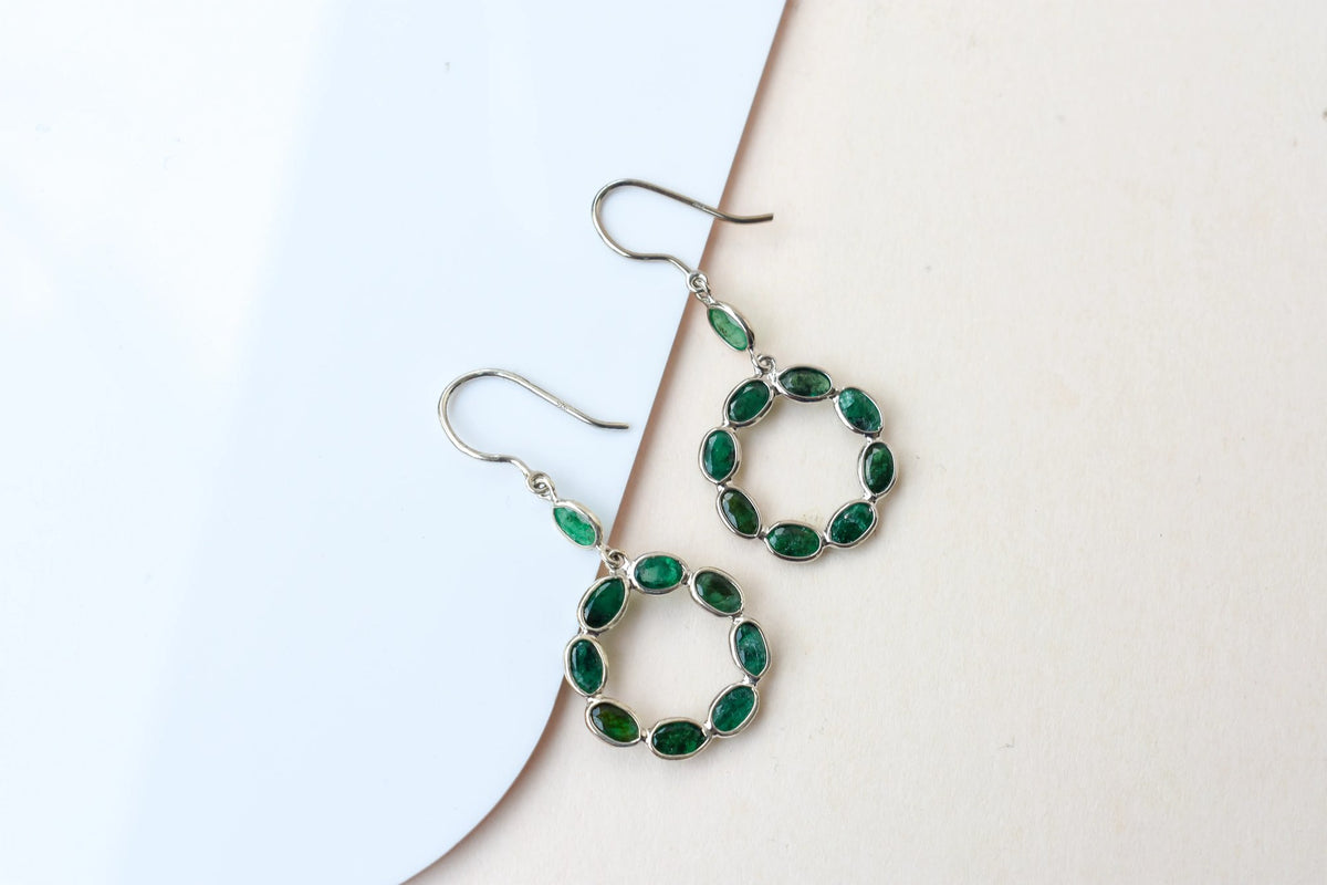 Emerald Wreath Drop Earrings in 925 Silver – Designer Open Circle Gemstone Jewelry
