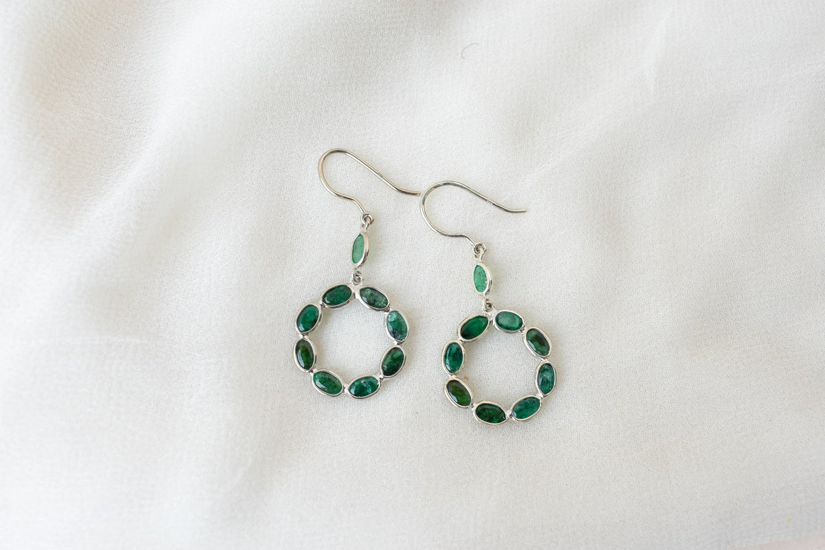 Emerald Wreath Drop Earrings in 925 Silver – Designer Open Circle Gemstone Jewelry