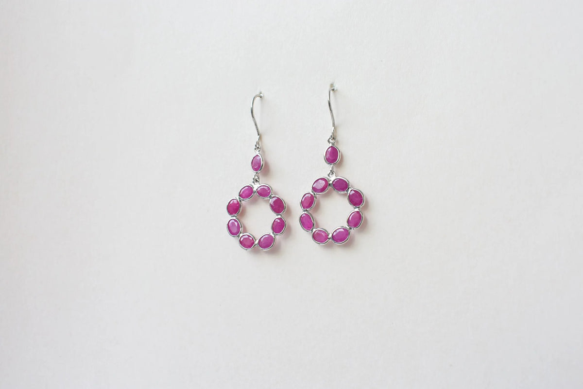 925 Silver Ruby Wreath Drop Earrings – Handmade Open Circle Statement Jewelry