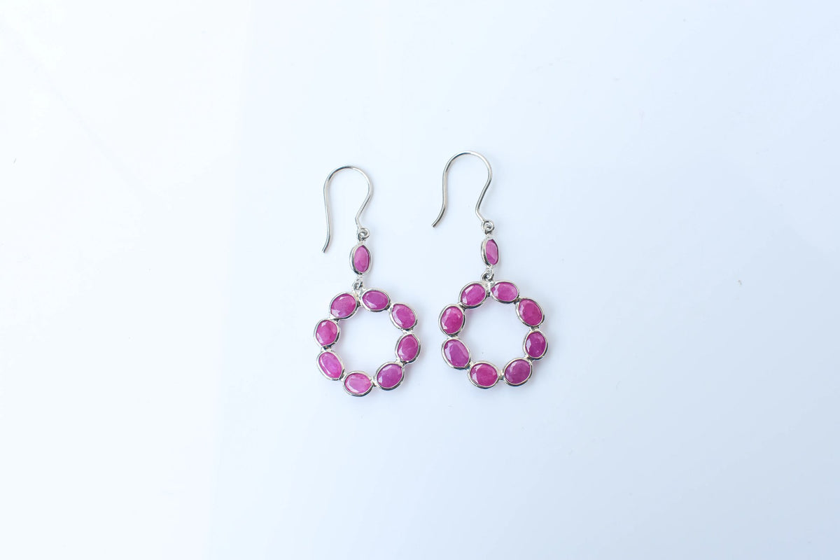 925 Silver Ruby Wreath Drop Earrings – Handmade Open Circle Statement Jewelry